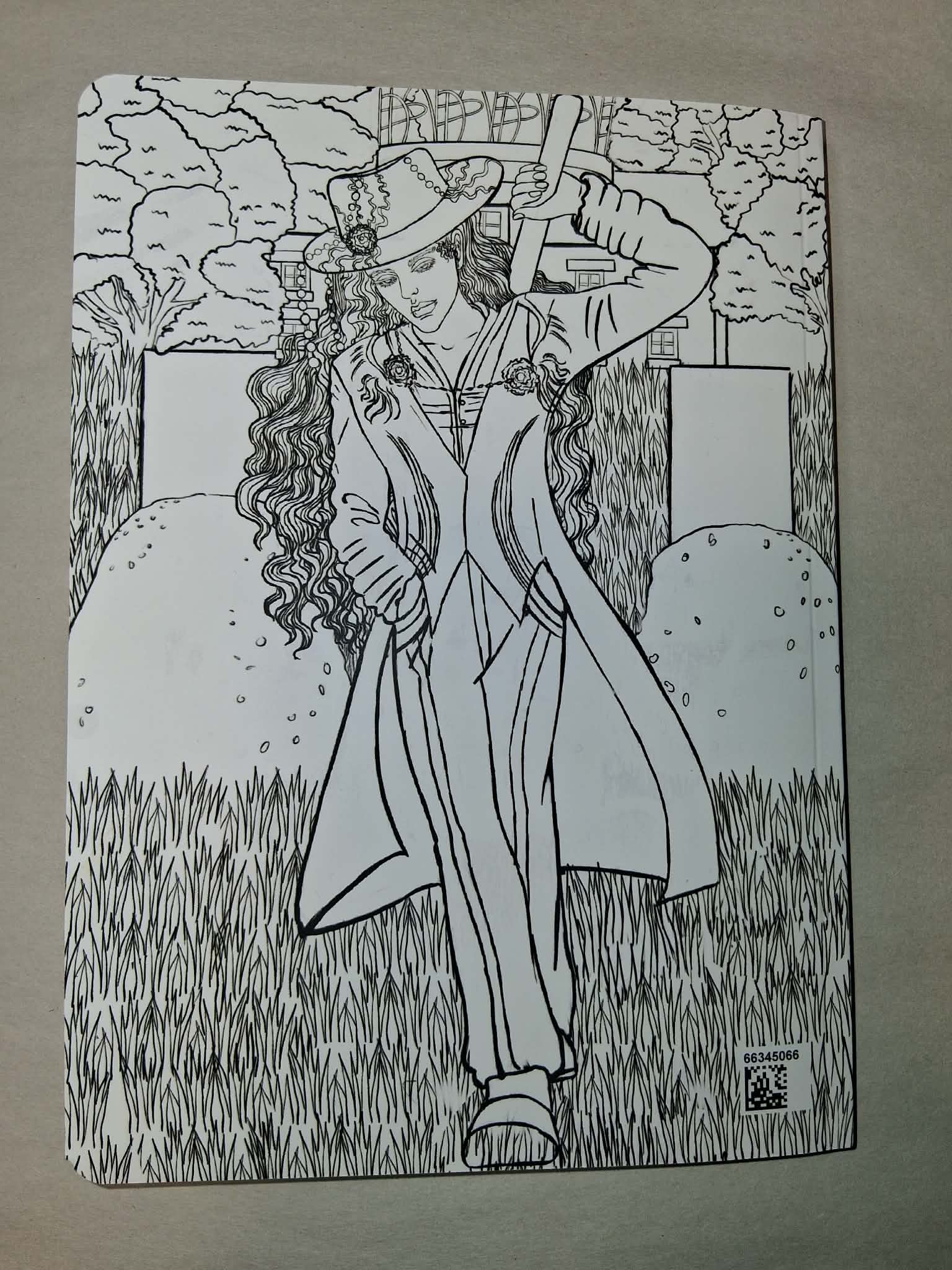 Black and white illustration of aman in a long coat and hat standing in a field with trees in the background.
