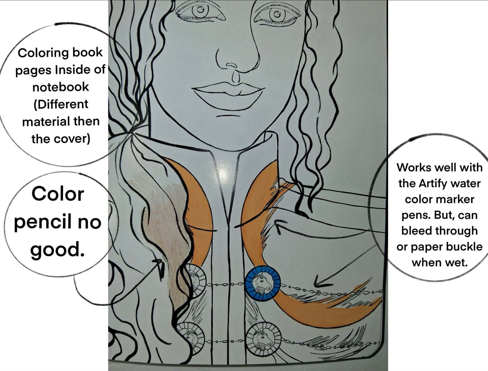 Illustration of a person with a feather in their hair on coloring book pages inside a notebook.