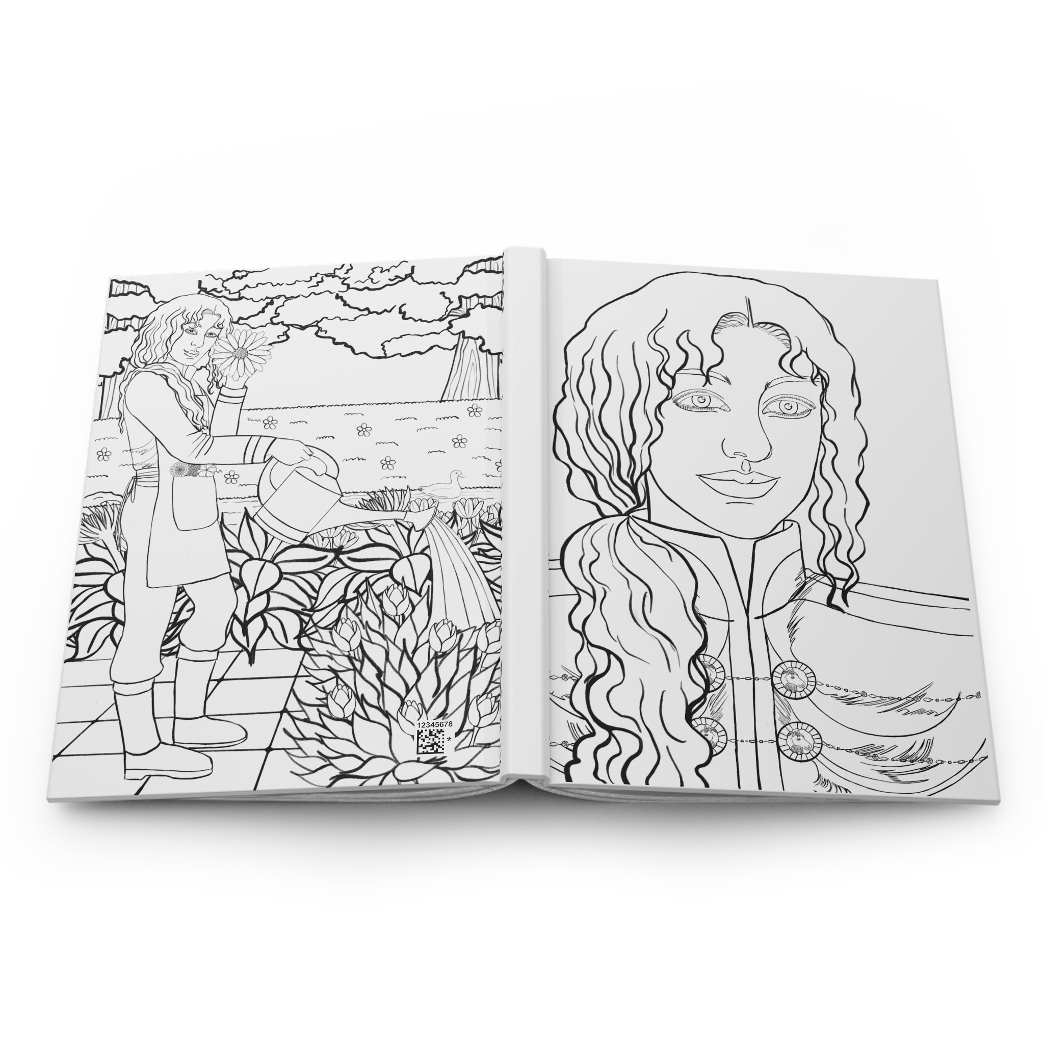 Open coloring book with two pages featuring artistic illustrations on a white background