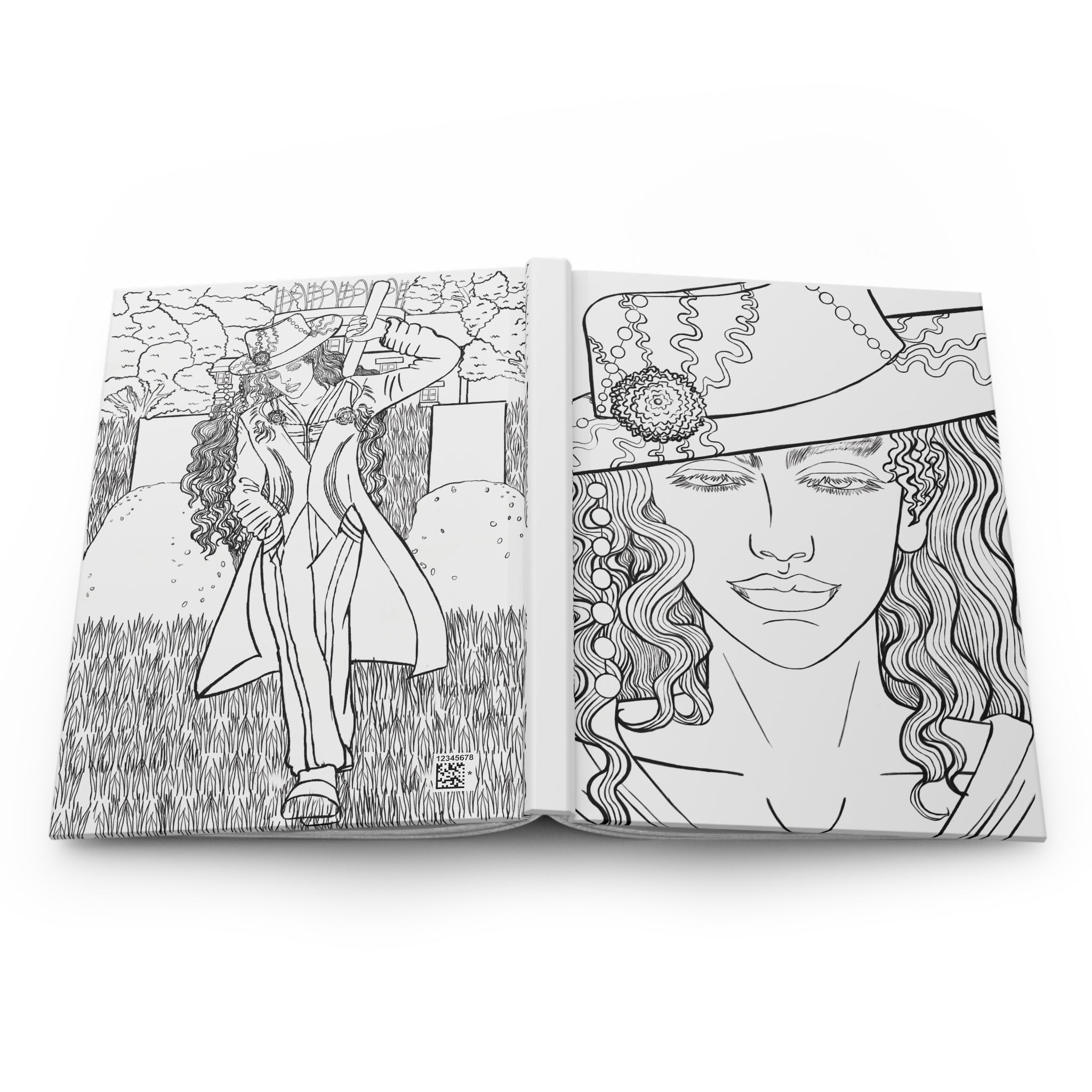 Open coloring book with black and white illustrations of a woman in a hat on a white background
