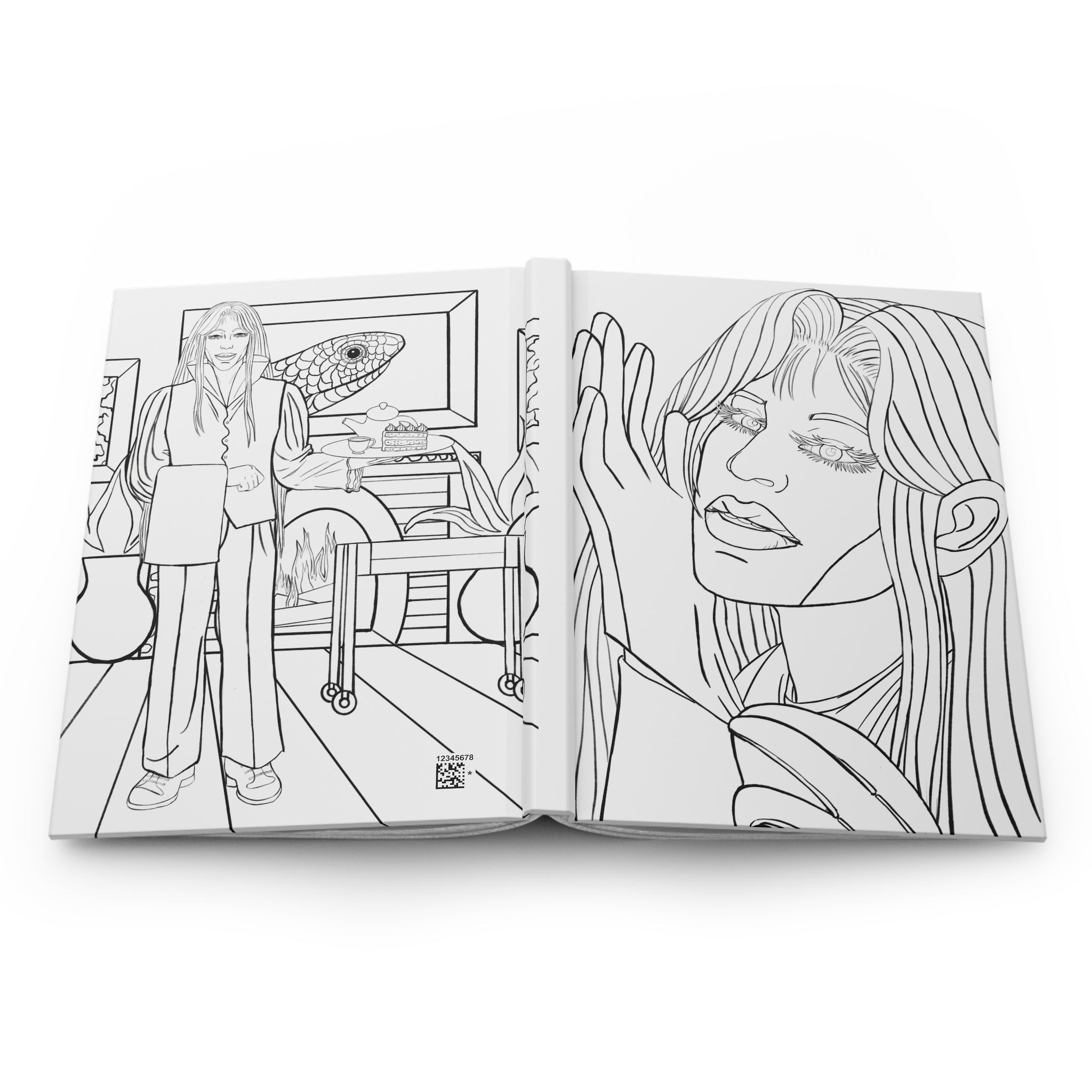 Open coloring book with black and white illustrations of a woman and a fish.