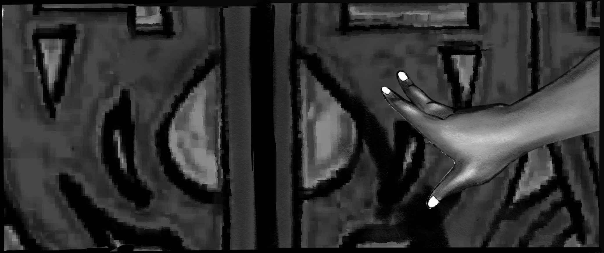 Hand reaching towards a textured surface with abstract patterns, its a gate. She's reaching to opening a gate.