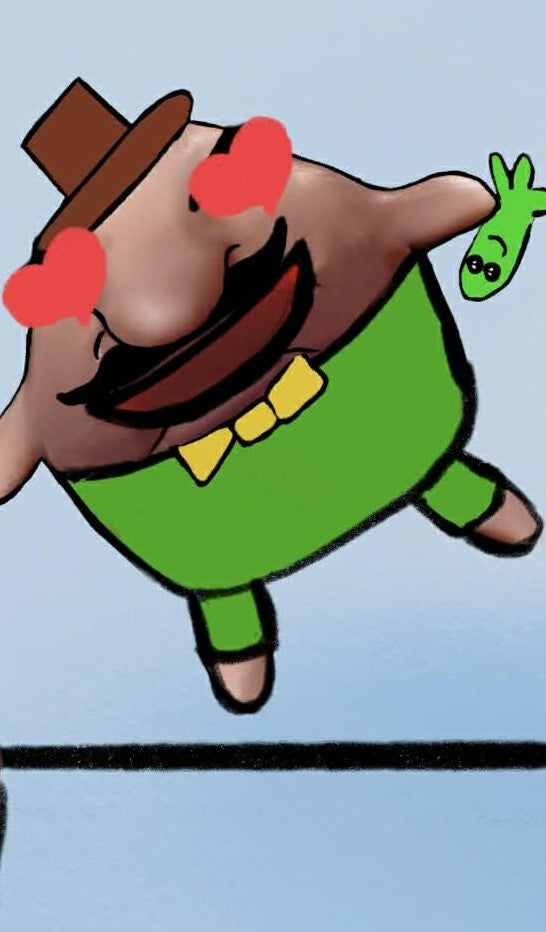 Its Bubba , he has hearts in his eyes and hat on his head. And a bow tie and green body suit. Bubba , is a pet fish. He's holding is toy , this is from the secret page.