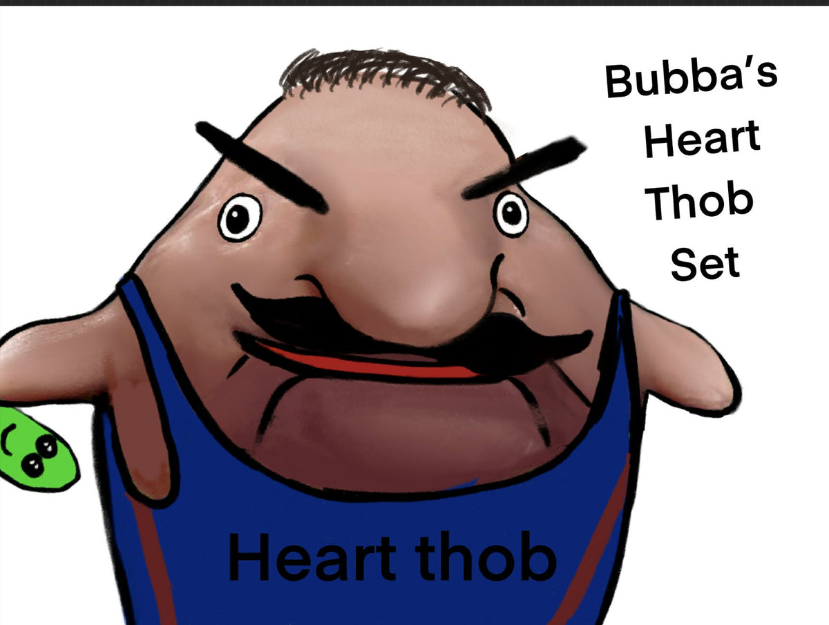 Cartoon character with a mustache and blue tank top labeled 'Heart thob' on a white background. Bubba doesnt have a  hat on. Hes kinda bald , but he has some strands of hair on him. Like brownish hair. But bubba is a pinkish color.