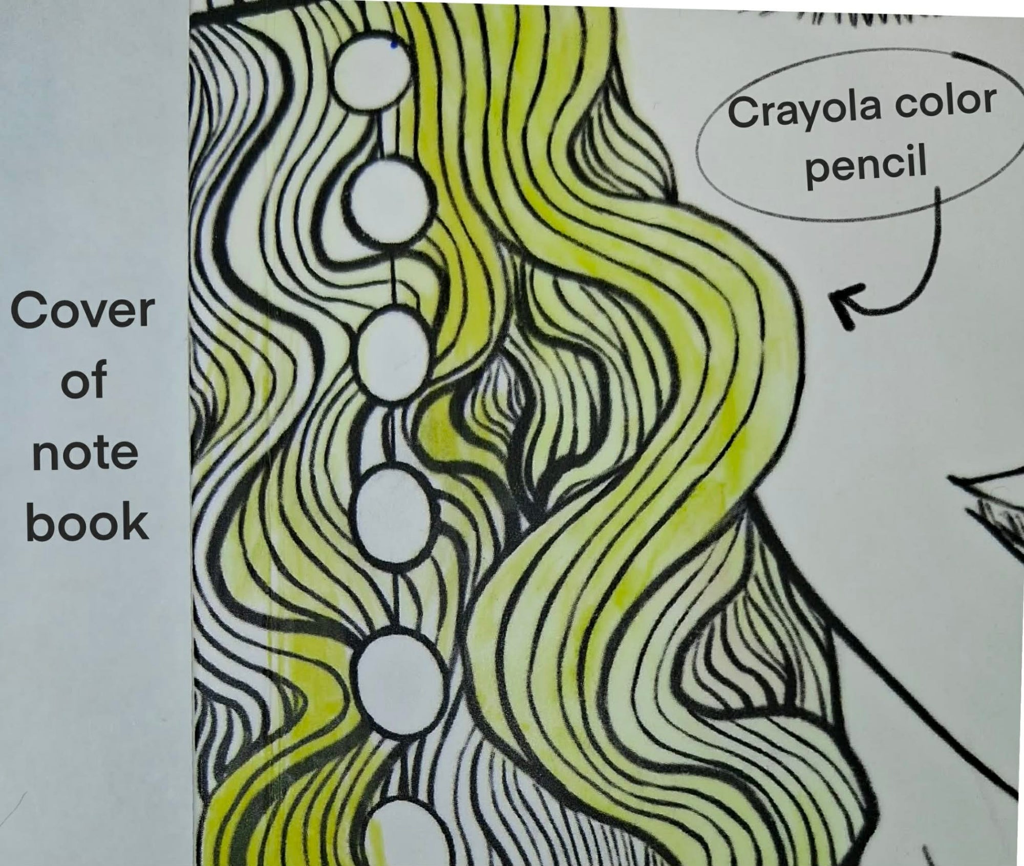 Notebook cover with wavy line design and Crayola color pencil text. Anime guy art. Bishonen boy style.
