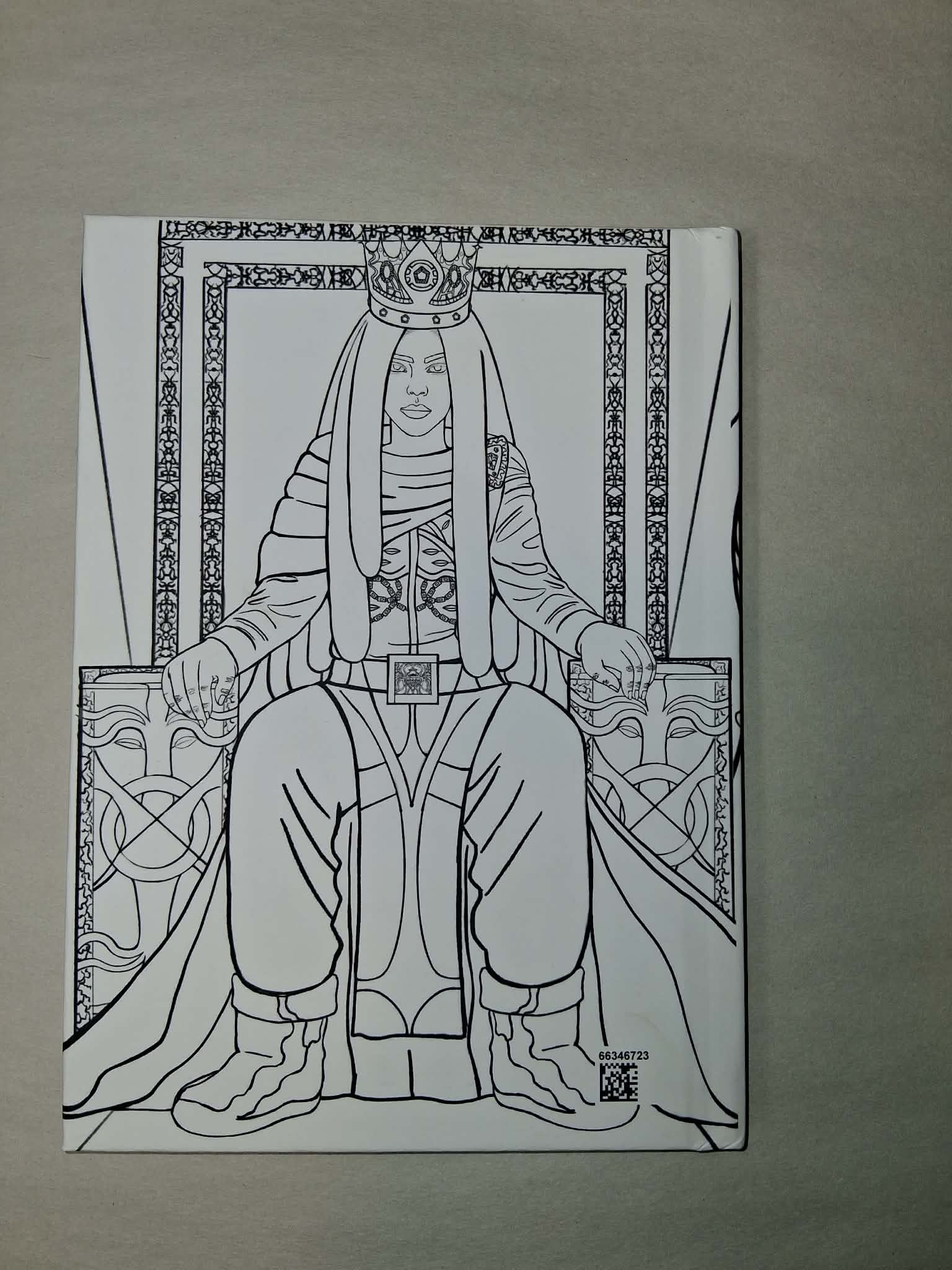 Black and white line drawing of a person in regal attire on a throne, framed with decorative elements, on a plain background.