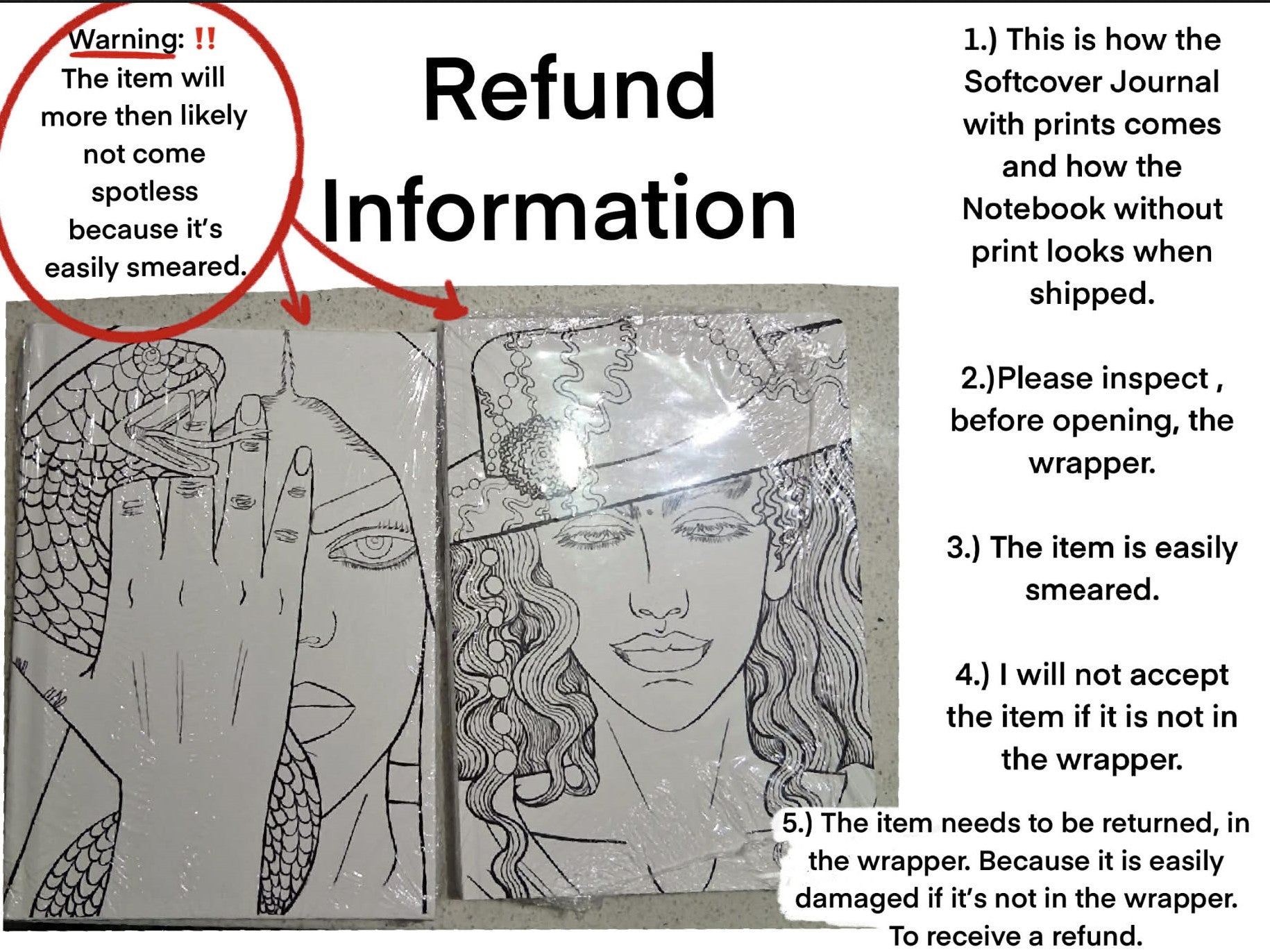 Product packaging with artistic illustrations and refund information text.