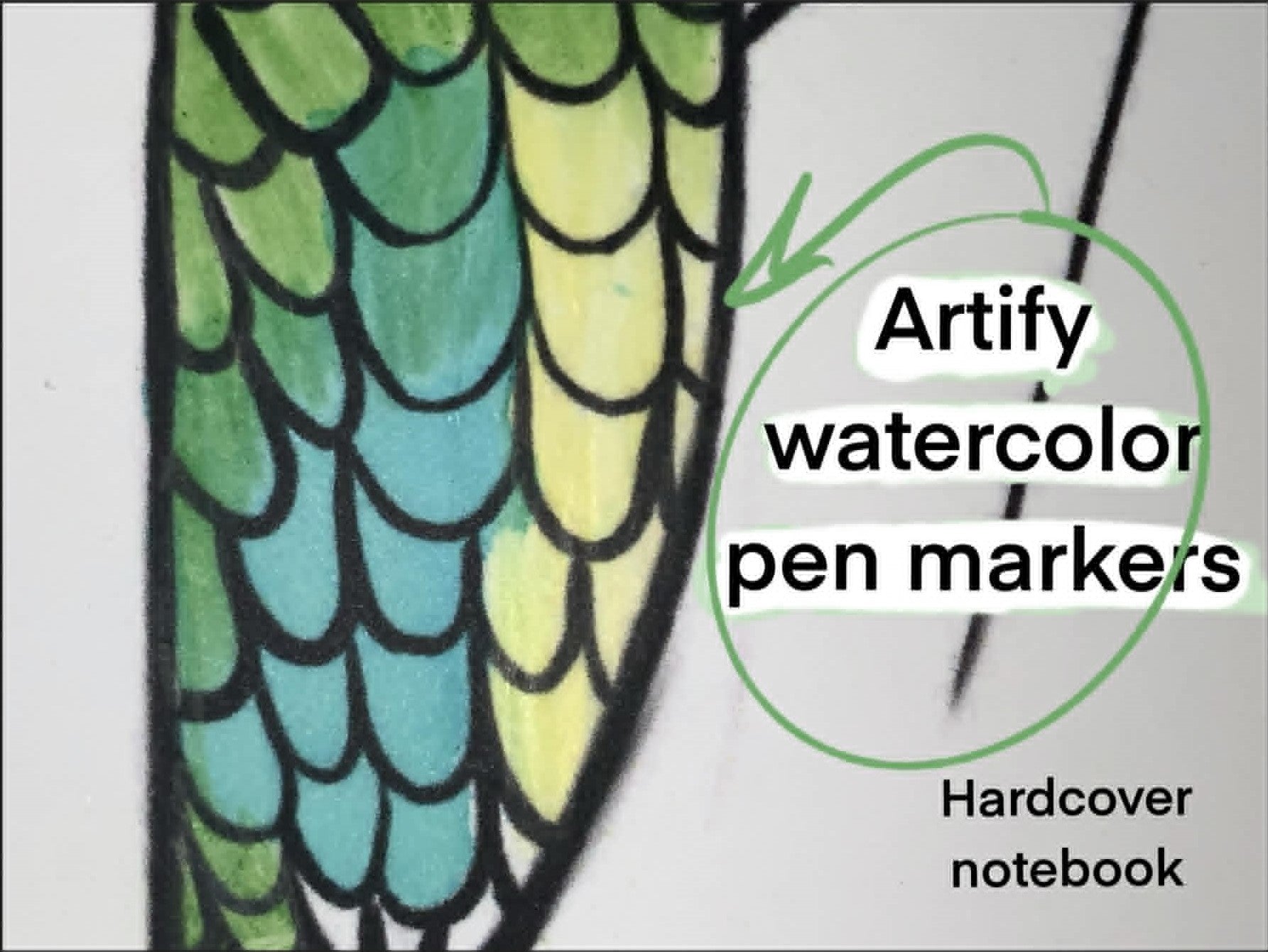 Artify watercolor pen markers advertisement with a close-up of a green and yellow scaled design.