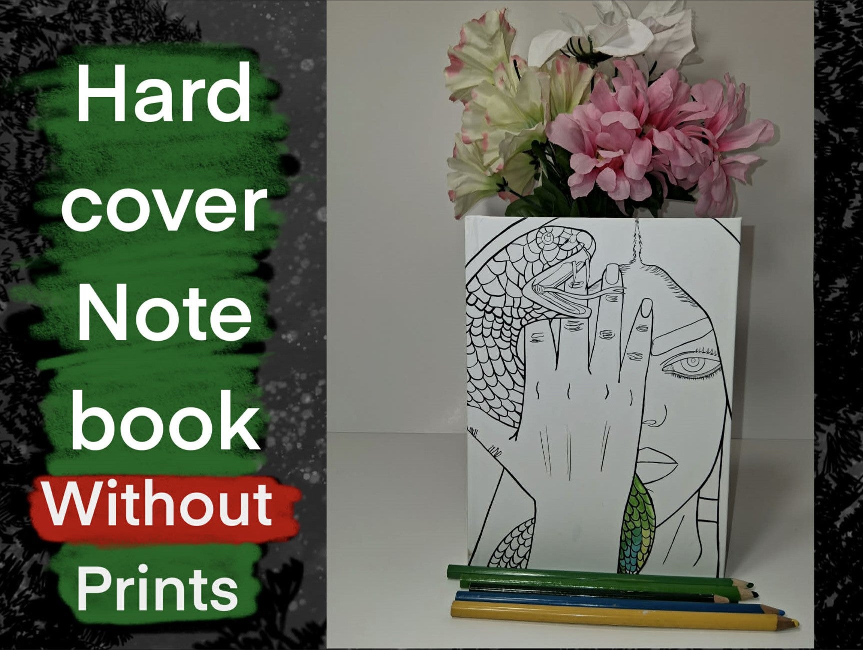 Hardcover notebook without prints with a drawing of a hand with snack around his arm. 