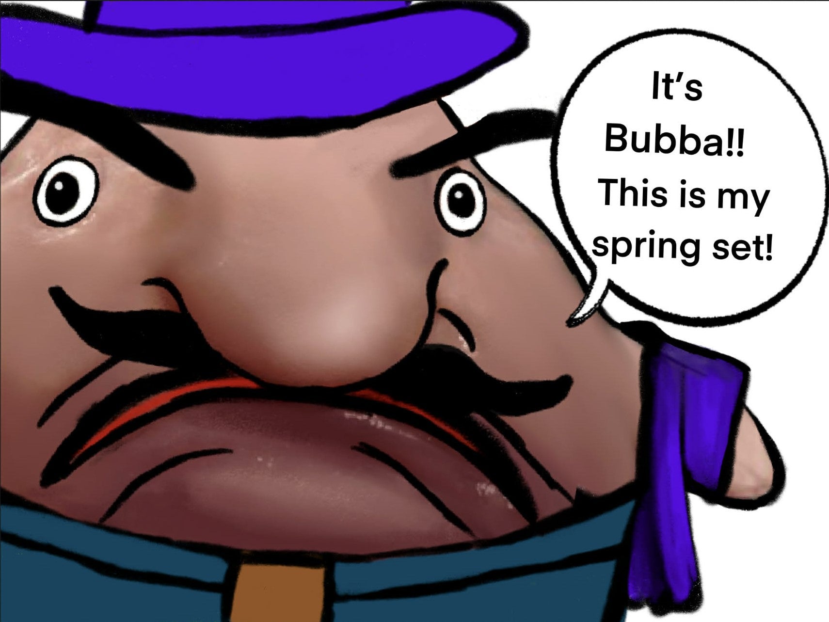 More bubba photos, in this hes wearing a blueish opurple hat and a blueish coat. And, a blue-ish demini jean type color with a orange tie. Its a close of his face and hes saying , its Bubba , this is my spring set.