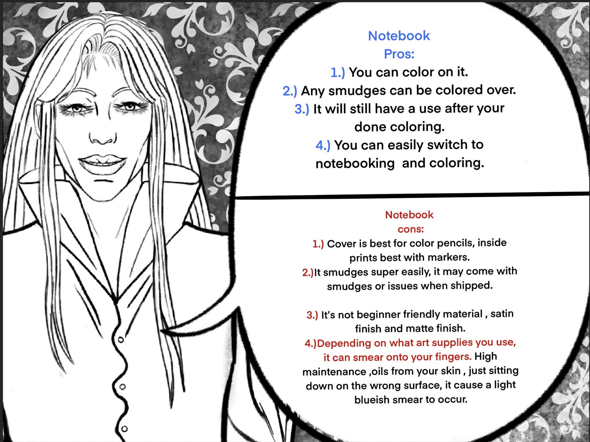 Black and white illustration of a woman with text overlay on a decorative background